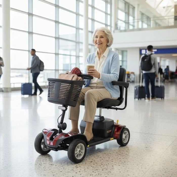 Woman using a Pride Go-Go Elite Traveller mobility scooter in an airport terminal