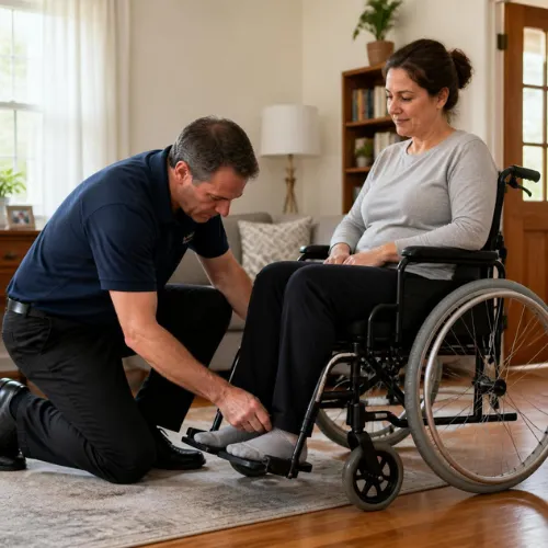 Technician adjusting the footrest on a wheelchair for a seated customer
